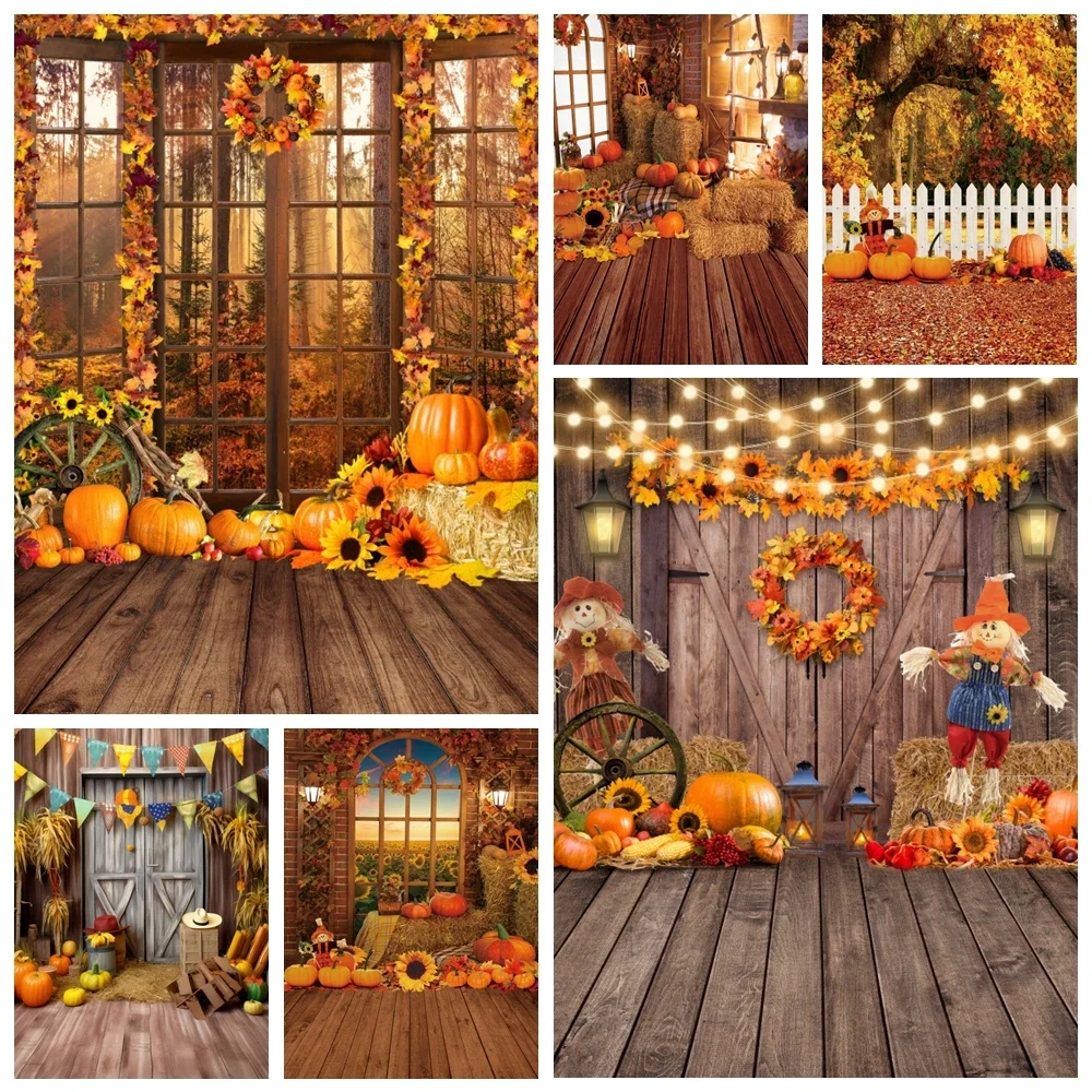 

Autumn Backdrop Photography Fall Forest Farm Barn Pumpkins Maple Leaves Haystack Wood Floor Baby Portrait Photo Background Decor