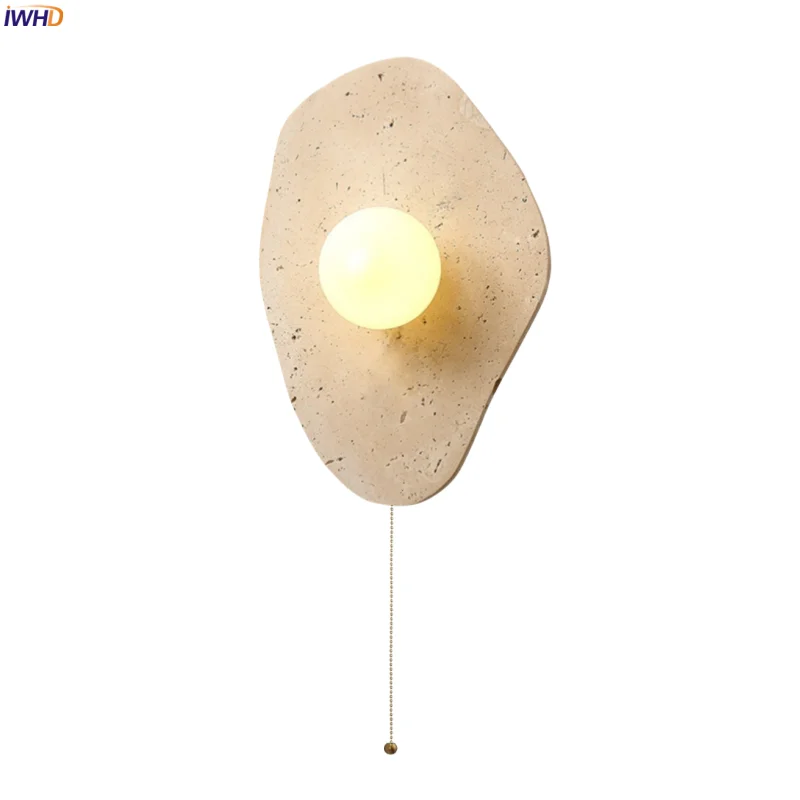 

IWHD Home Decor LED Wall Lights Wabi Sabi Vintage Pull Chain Switch Yellow Travertine Stair Living Room Bedroom Lamps Wandlampen