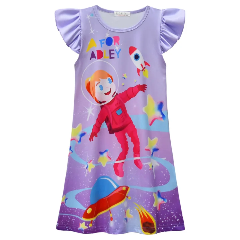 A for Adley Clothes Baby Girls Short Sleeve Pajamas Dress Kids Cartoon A for Adley Nightgown Child Party Princess Vestidos