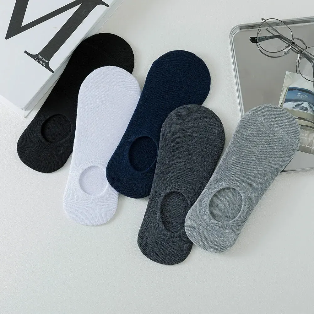 5 Pairs of MEN'S Invisible Socks and Slippers Boat Socks, Cotton Silicone Anti Slip Summer Solid Color MEN'S Ankle Socks