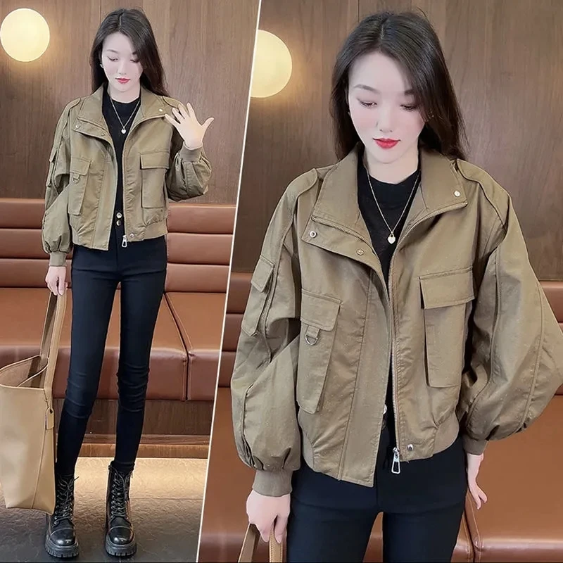 

Spring Autumn Women's Hooded Jacket Korean Loose Tooling Solid Color Short Windbreaker Coat Casual Pocket Outerwear