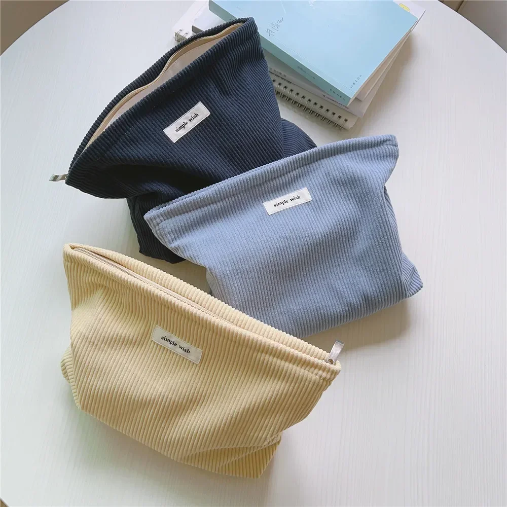 New Simple Solid Color Corduroy Cosmetic Bag Clutch Bag Travel Makeup Organizer Storage Bag Beauty Toiletry Wash Zipper Pouch