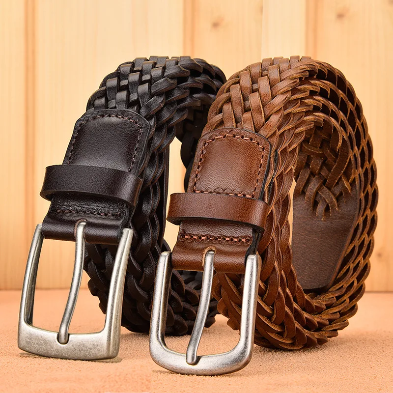 Men Real Cowhide Belt Woven Casual Buckle Layer Hollow Hand Woven Fashion Couple Personalized Student Luxury Jeans New Design