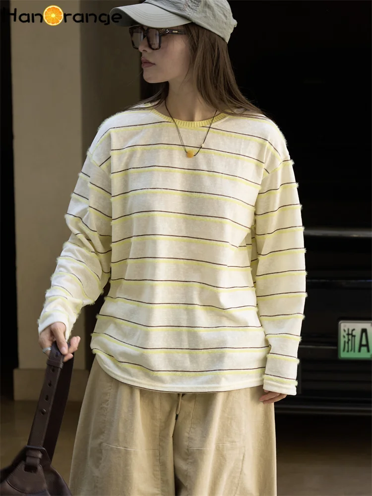 

HanOrange 2025 Autumn Fluffy Stripe T-shirt Women Loose Casual Top Tees Yellow
