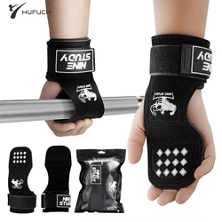 1 Pair Anti-Skid Cowhide Gym Fitness Gloves Palm Protector Pads Power Belt Straps Wrist Support Braces for Deadlift Exercise