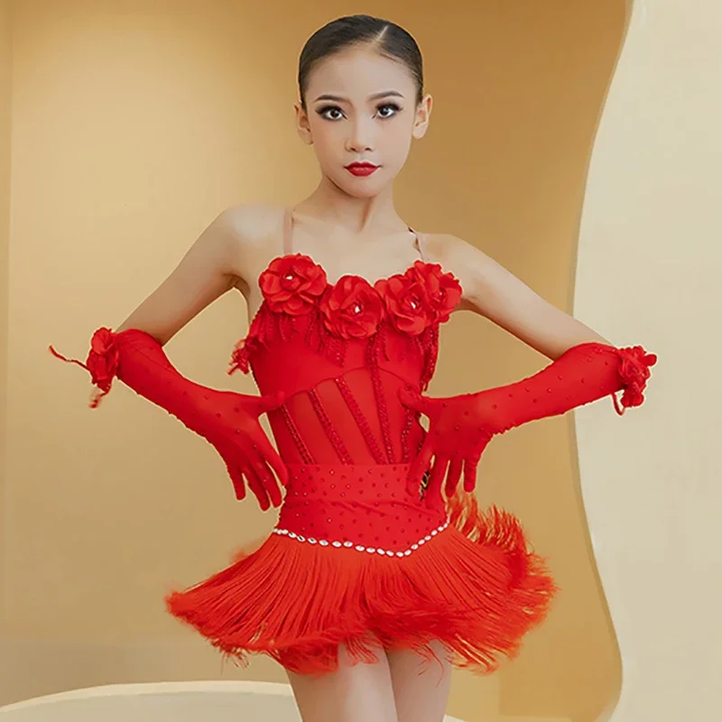 Children 3D Flower Spaghetti Strap Tassels Latin Dance Practice Dress Kids Girls Rumba Chacha Performance Competition Costume
