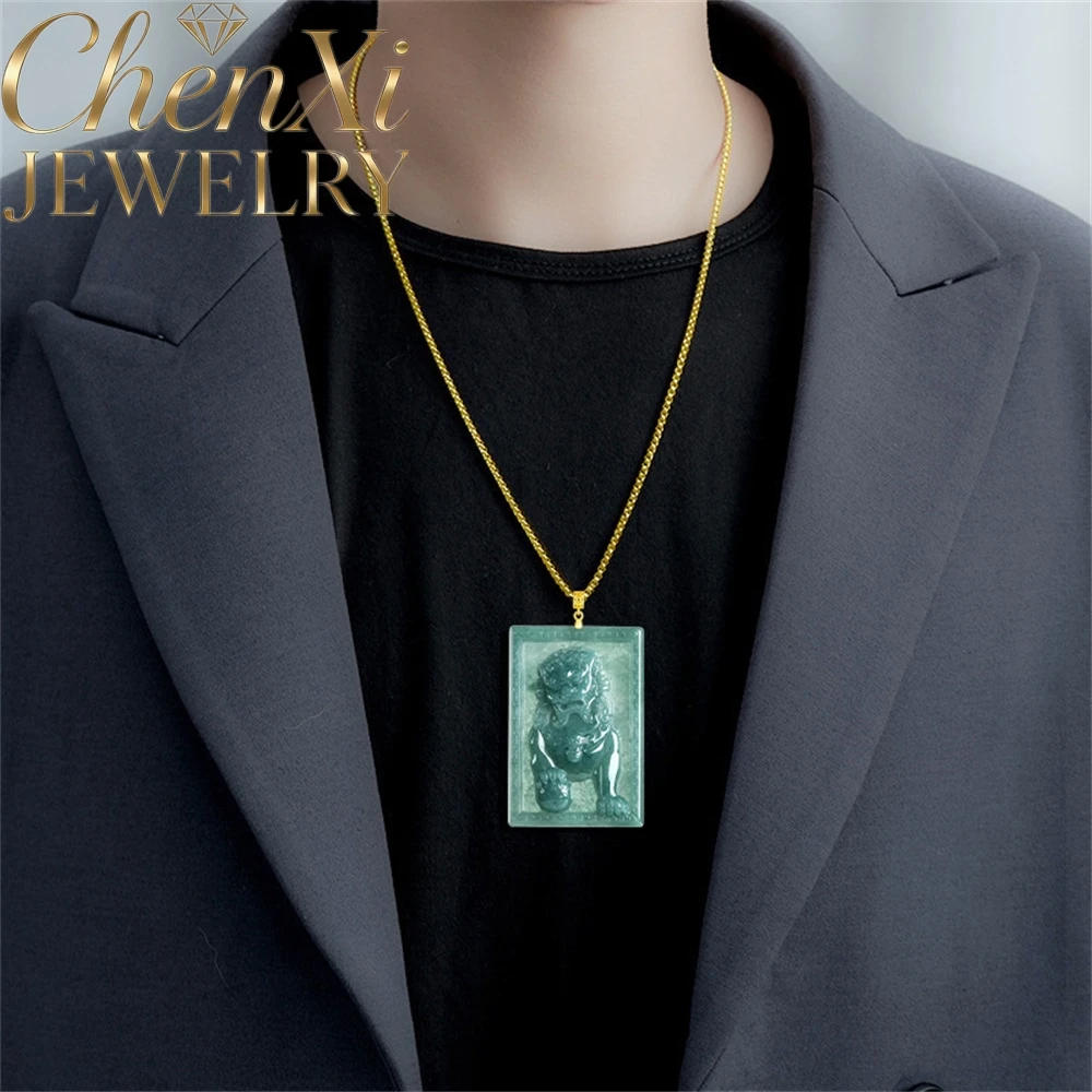 

Natural Genuine Blue Water A-Grade Ice Jadeite Dragon Lion Warm Ice-Grade Stone Lion S925 Pendant Of High Quality Fine Jewelry