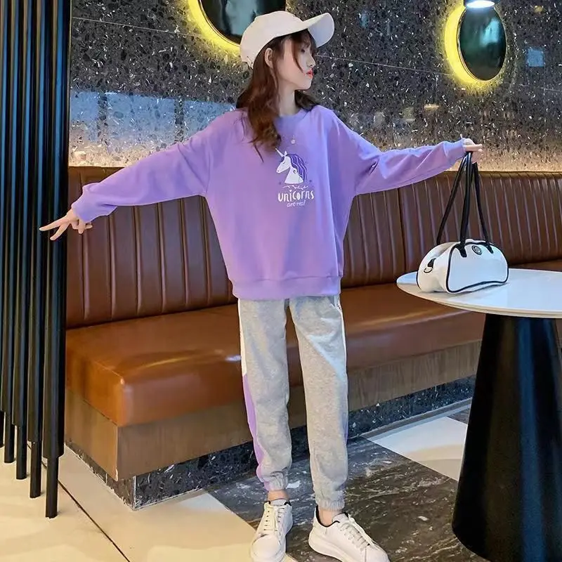 2025 Spring Children Girl 2PCS Unicorn Tracksuit Clothes Long Sleeve Junior Girl Tops Outfits Versatile Contrast Sweatpant Suits