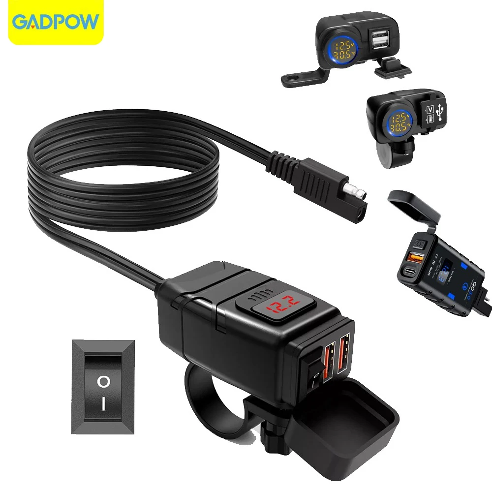 Gadpow Motorcycle USB Charger QC3.0 Handlebar Fast Charging Waterproof 12V Socket Adapter with Voltmeter Motor Accessories