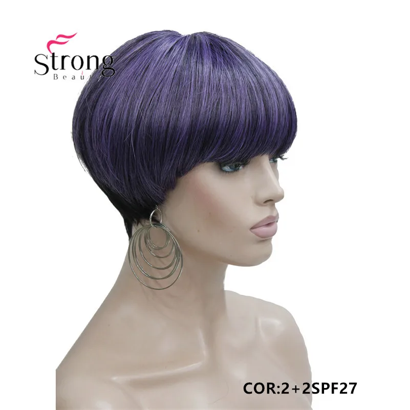 StrongBeauty Short Straight Purple Highlighted Bob with Bangs Synthetic Wig COLOUR CHOICES
