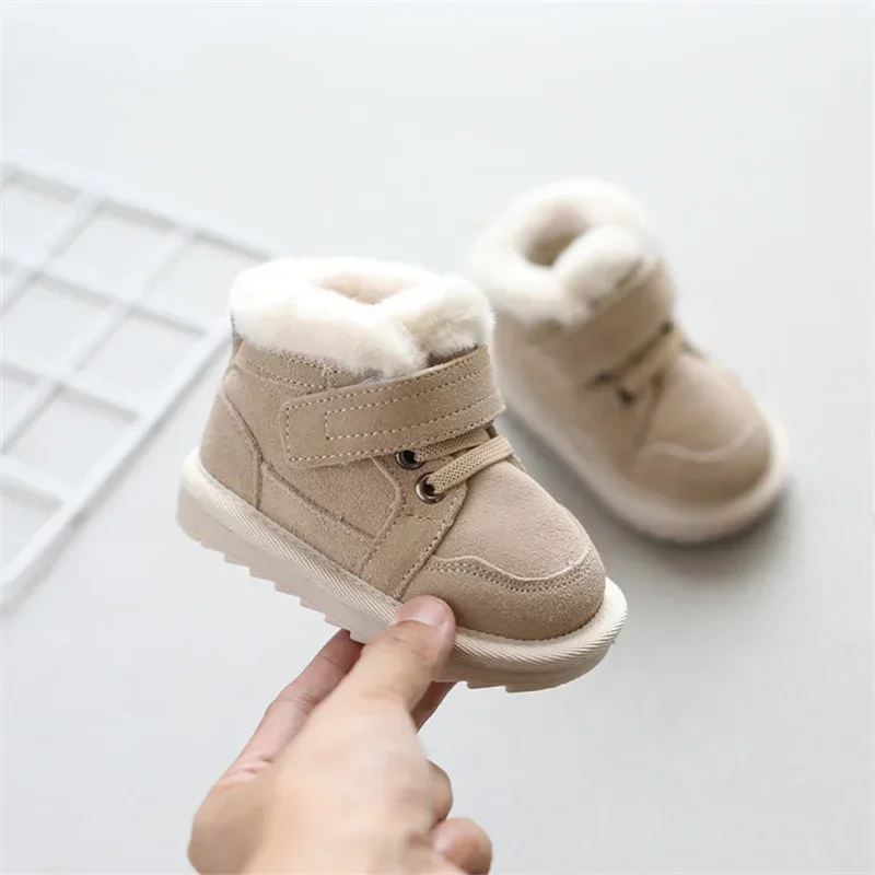 Children Boots Girls Geniune Leather Warm Plush Snow Boots Baby Boys Soft Sole Wearable Infant Cotton Shoes Size 15-25