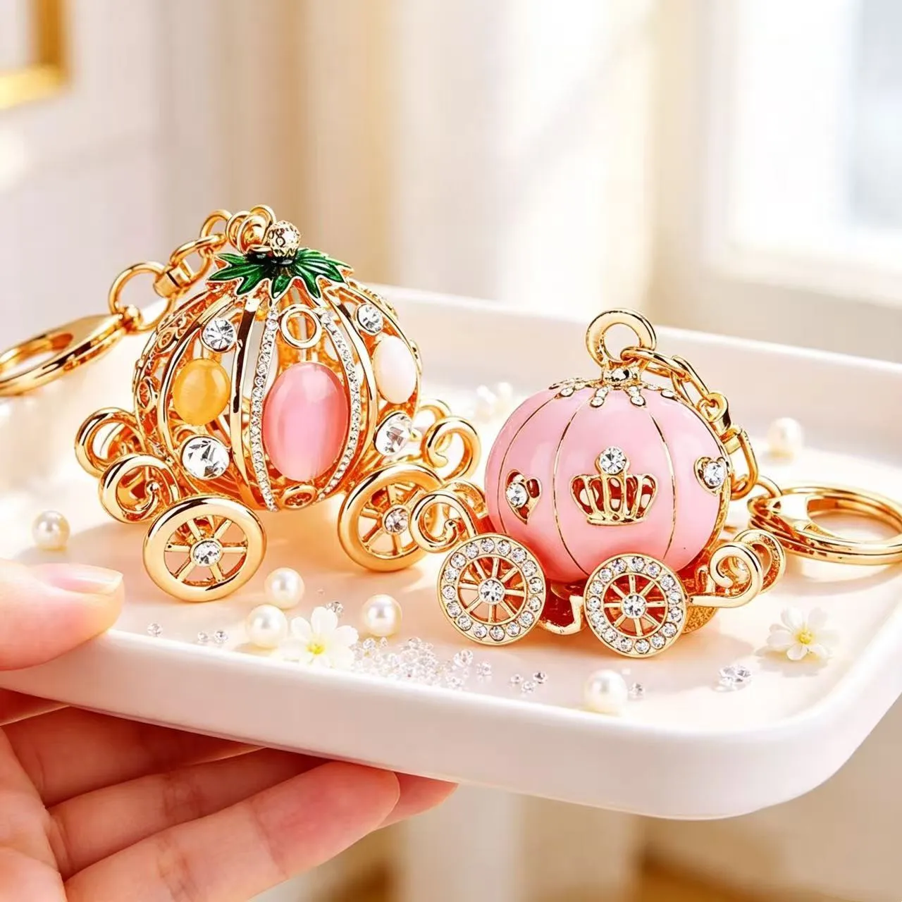Europe And America Hot Sale Rhinestone Pumpkin Carriage Diamond Studded Key Chain Advanced Exquisite Bag Pendant Keychains