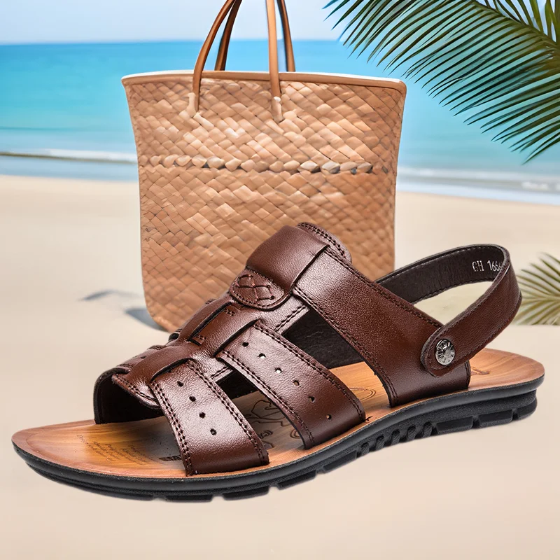 size 38-47 men new summer shoes leather sandals man original designer shoes Fashion beach slides for man black brown