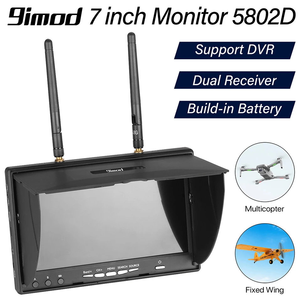Moniteur récepteur FPV Garosa - 5,8 GHz 40 canaux - 7 pouces - Noir