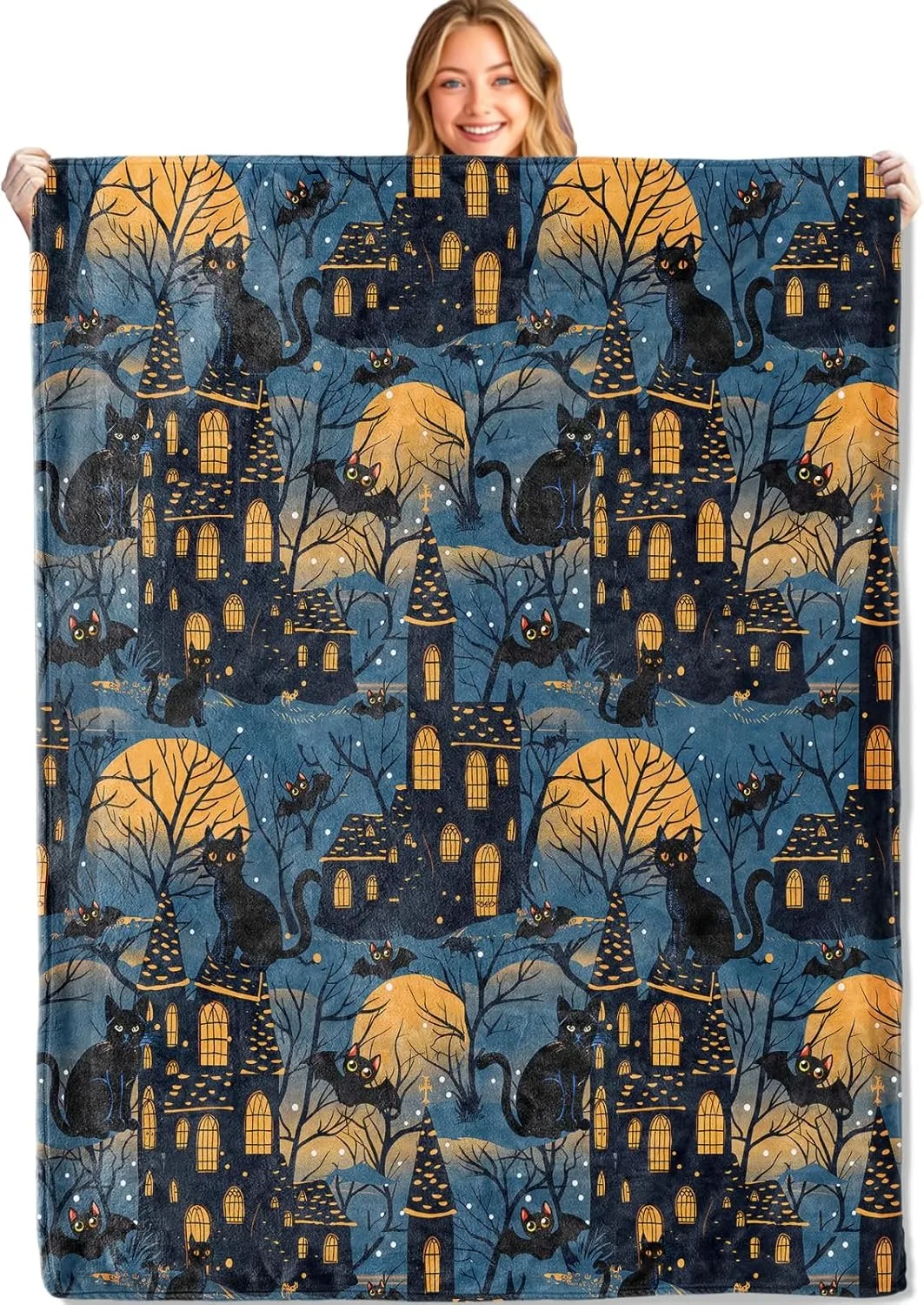 

Halloween Theme Throw Blanket Old Castle Orange Moon Thin Blanket Gifts for Couch Bed Car Home Camping