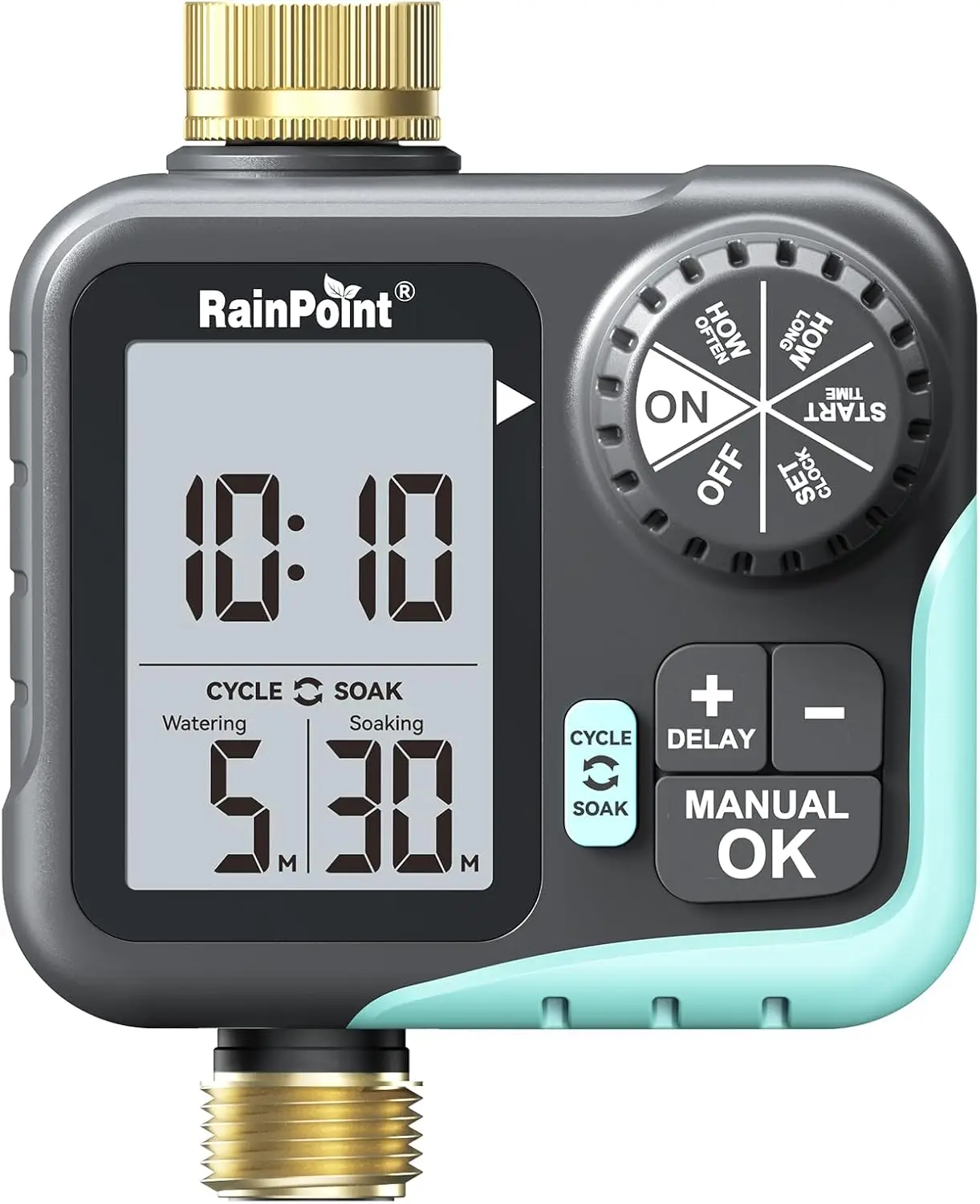 

Programmable Garden Hose Timer with Cycle & Soak, Rain Delay, Automatic/Manual Watering, Large Display, Brass Fittings