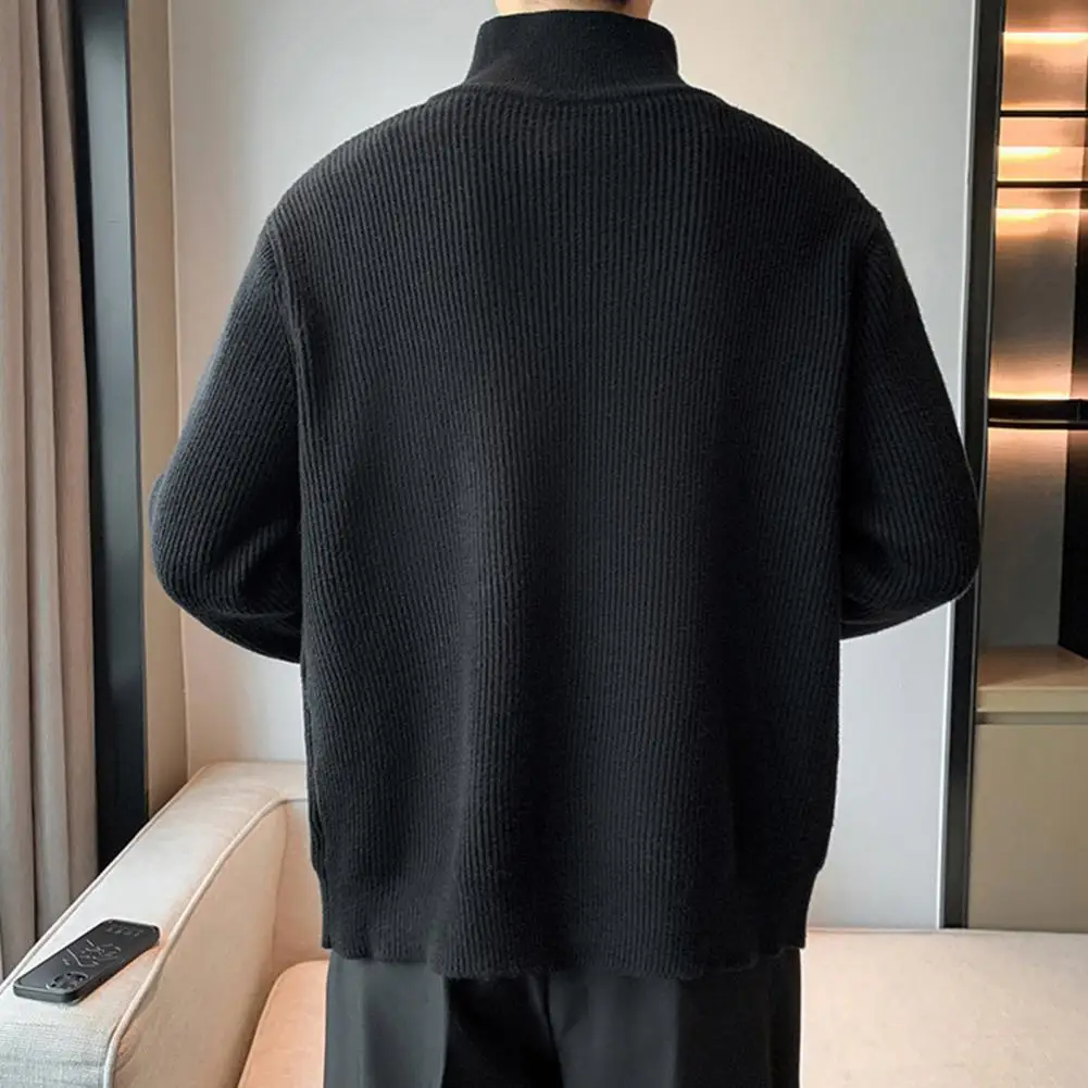 Men Knitted Jacket Zipper Closure Sweater Coat with Stand Collar Knit Elastic Long Sleeves Outerwear