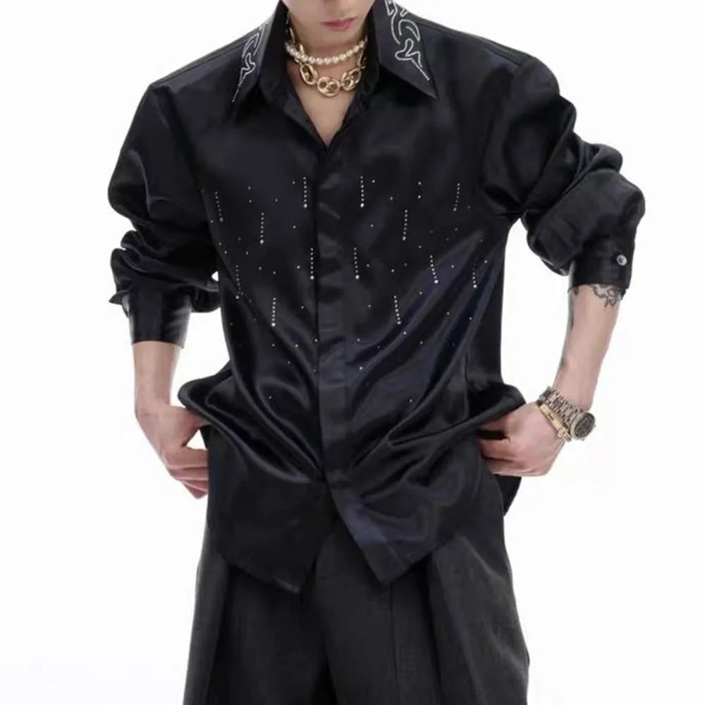 

Мужская рубашка, блестящая атласная повседневная рубашка Meteor Snow, уличная модная молодежная универсальная рубашка для кампуса с длинными рукавами, мужская одежда 2025