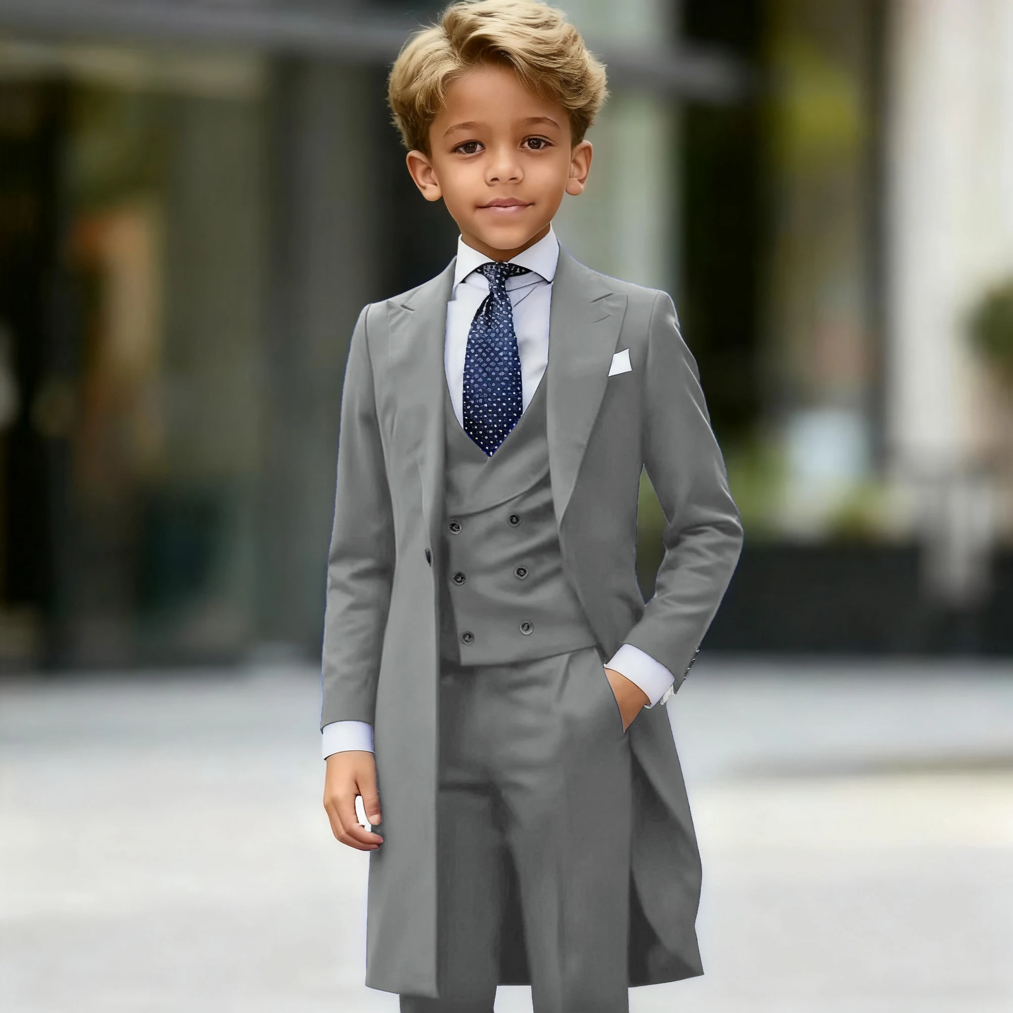 

Causal Suit for Boys Beige Wedding Formal Long Jacket Pants Vest 3-piece Set Party Tuxedo Kids Tailcoat Outfit 2-16 years old