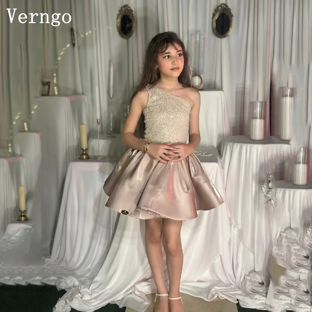 Verngo Shiny Champagne Mini Girl Flowers Dress O Neck A Line Kid Birthday Party Dress Sequined Ball Gown Customized