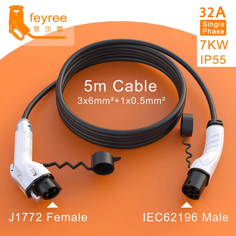 

feyree EV Charging Cable J1772 Type1 to Type2 Female to Male Plug 32A 16A 5m Cable Electric Vehicle Cord for Car Charger Station