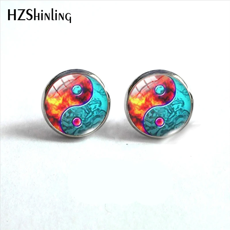 2023 New Arrival Fashion Yin Yang Tai Chi Animals Glass Dome Round Stainless Steel Earring Jewelry Handmade Stud Earrings