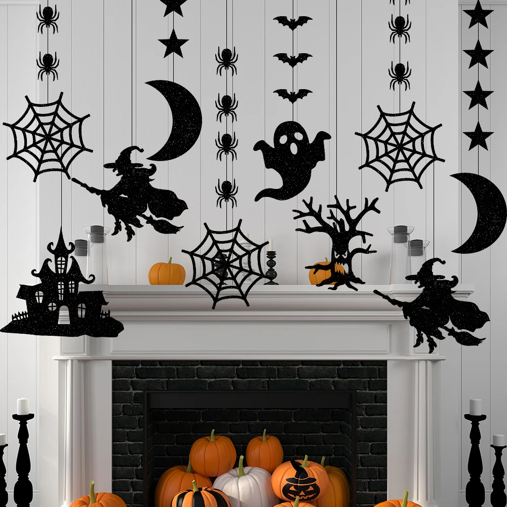 6Pcs Halloween Hanging Banner Pendant Ornament PVC Hanging Spider Star Moon Backdrop Halloween Decoration For Party Home