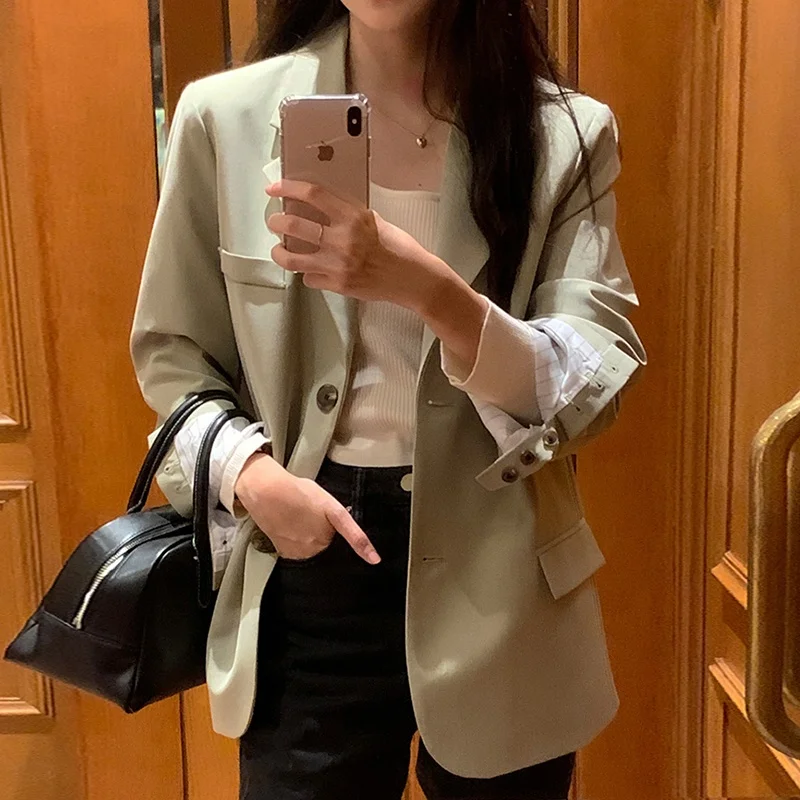 

Chic Autumnal Vintage Sle Casual Long Sve Suit Jaet with Single Row of Two Buttons Versatile Loose Fit Classic Collar