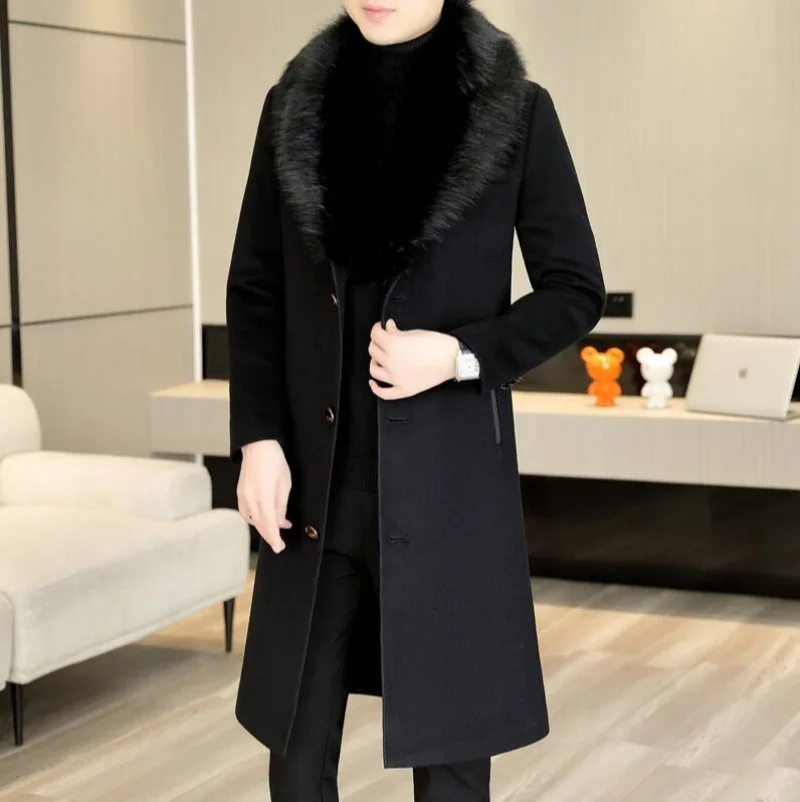 

2025 High Quality Winter Men's Woolen Coat Outwear Casual Fur Collar Detachable Wool Windbreaker Jackets Thicken Trench Clothing