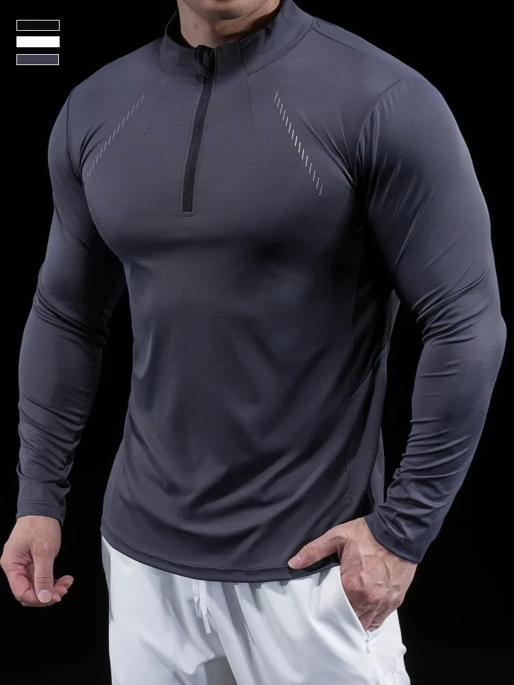 Men Fitness Clothes Long-sleeved Half-zipper Stand-up Neck Elastic Training Clothes Running Sports Bottoming Shirt Night Running