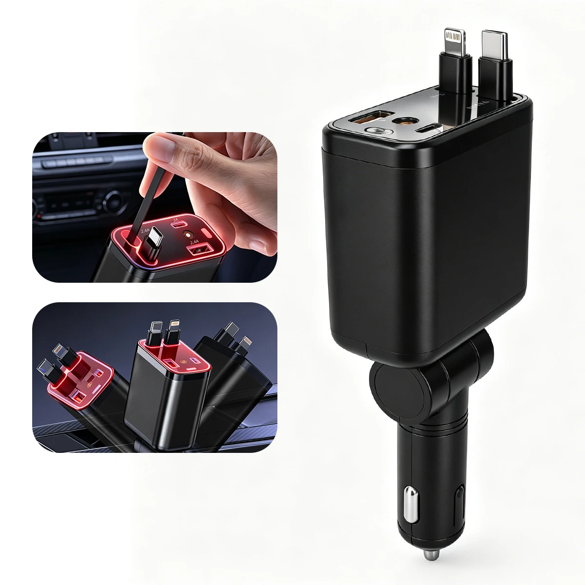4 in 1 Car Charger with Starry Sky SpotlightRetractable Car Charger with Charging Cable & 2Charging Ports, Universal Car Charge
