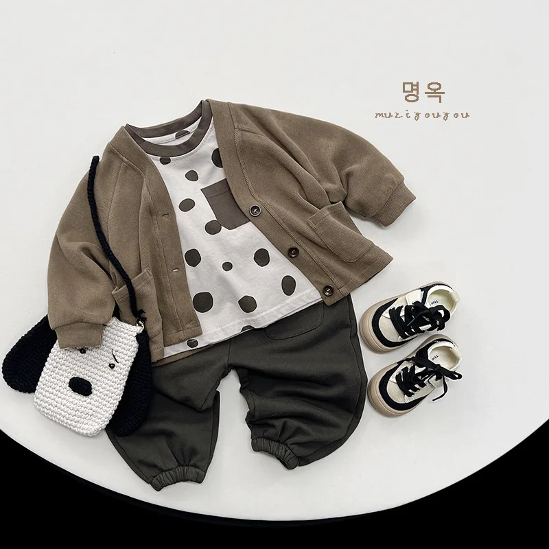 2024 Spring New Children Long Sleeve Lapel Casual Coat Boys Girls Retro Cardigan Solid Kids Pocket Jacket Fashion Baby Clothes