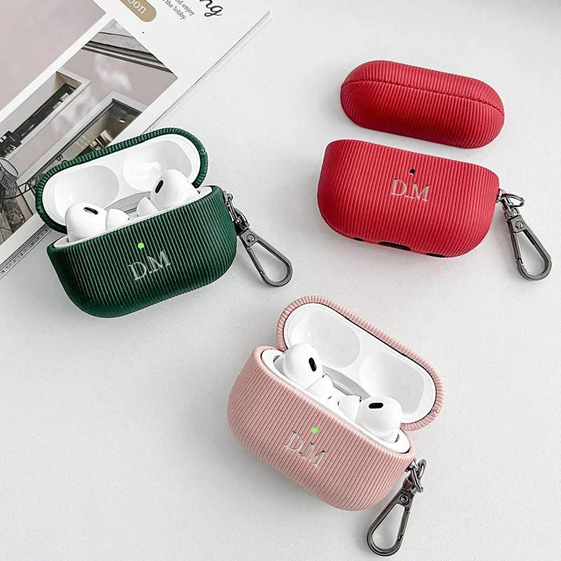 Luxury Laser Lettering Customized Silver Name Cover For Airpods 1 2 3 Pro 2 Oblique Stripe Earphone Case With Keychain