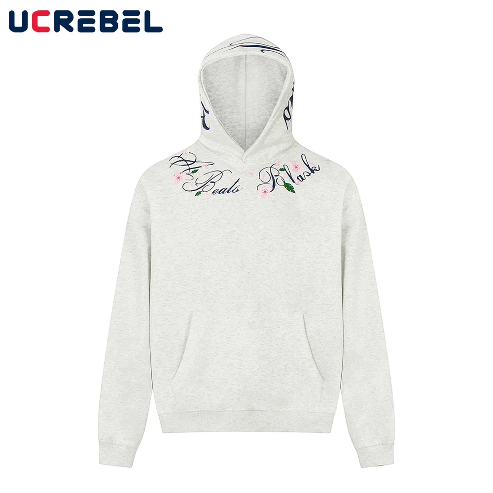 Flower Embroidery Hooded Sweatshirts Mens High Street Autumn Winter Loose Long Sleeve Pocket Hoodies Men