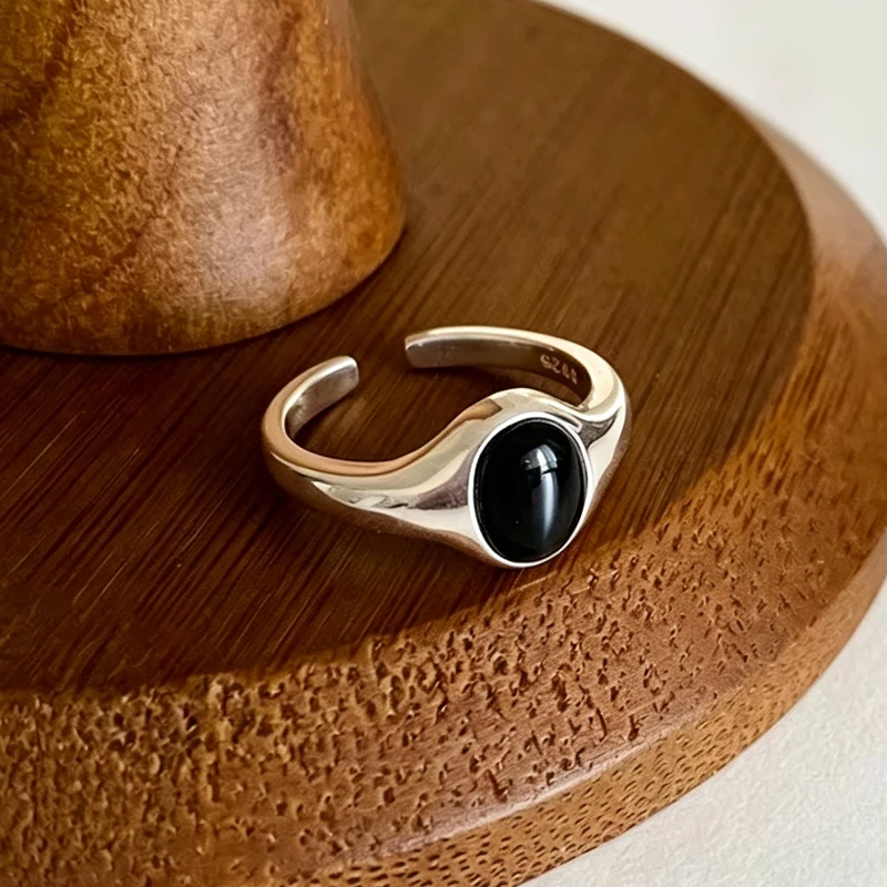 Women's 925 Sterling Silver Adjustable Black Stone Stackable Ring