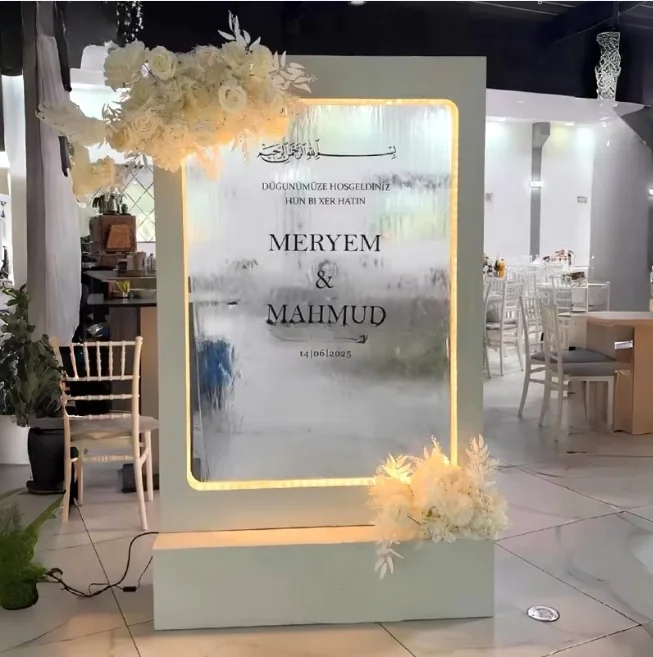 

custom Romantic French wedding entrance transparent glass flowing water welcome sign luminous waterfall party background