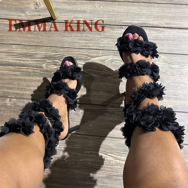 

Women'S Tulle Flowers Sandals Round Toe Strappy Heeled Sandals Summer Women Spiral Wrap Up Heeled Sandals Nightclub Dress Shoes