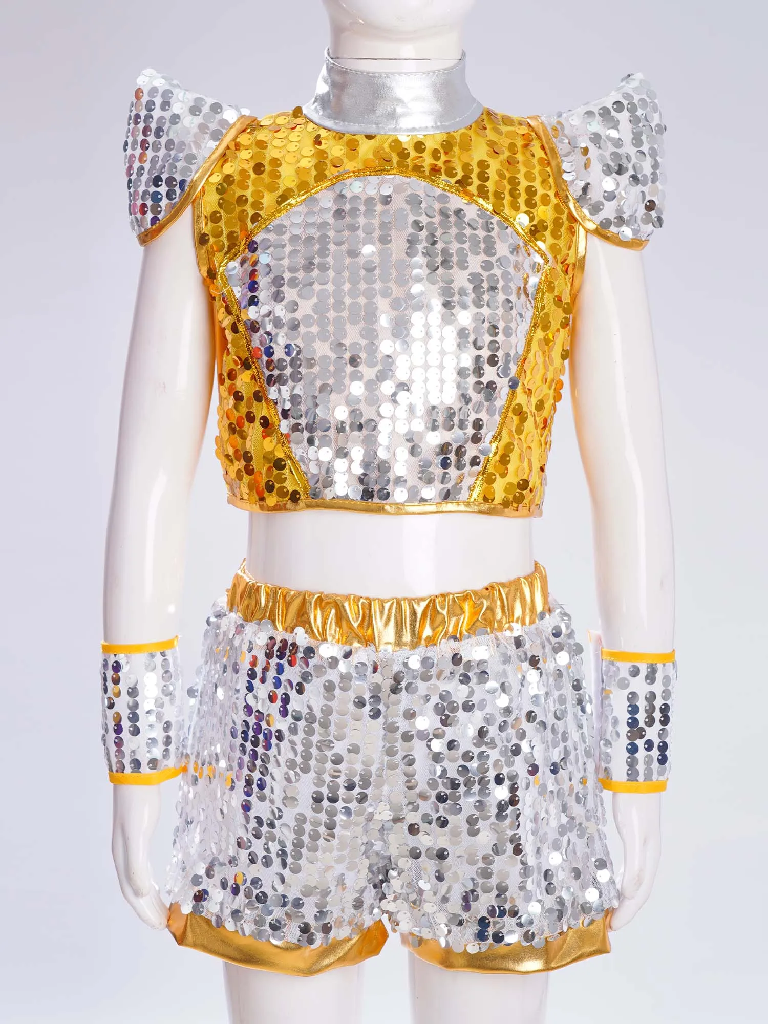 Boys Shiny Sequin Jazz Dance Outfit Children Cheerleading Outfit Performance Cosplay Fashion Costume Kid Cap Sleeve Crop Top Set