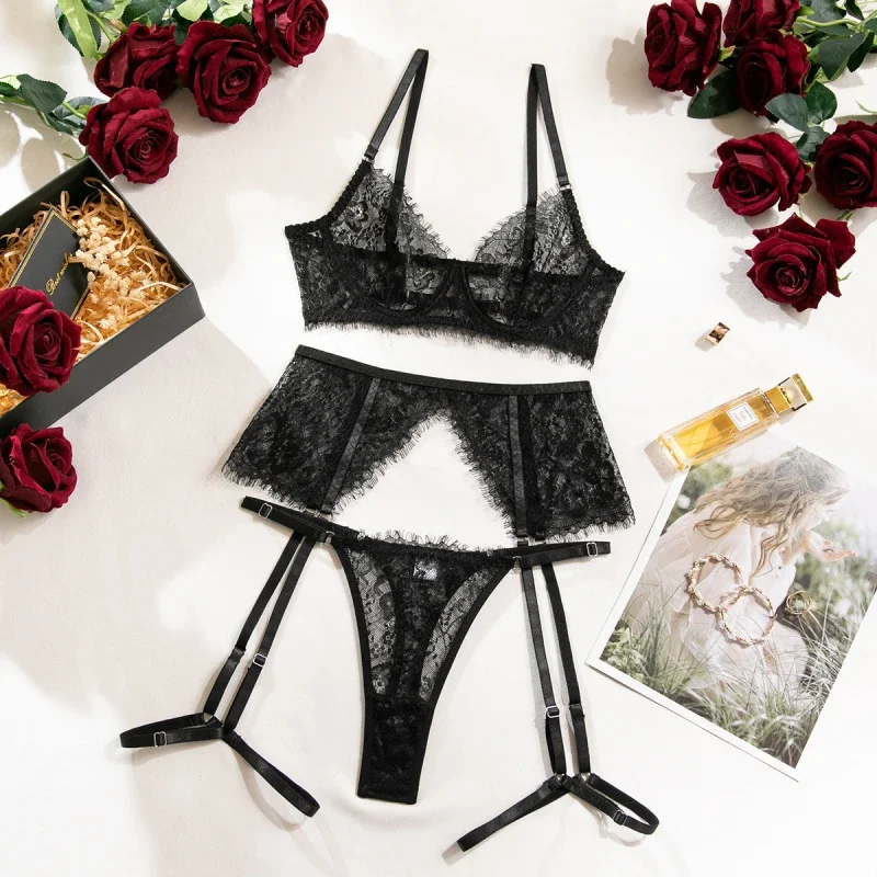 

Bikini Lace Eyelash Bra Set Sexy Three-Point Style Lingerie Three-Piece Set