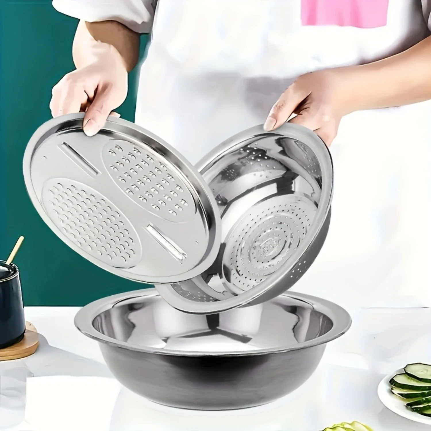 Steel Kitchen Set  3 Pieces Including Colander, Basin, Vegetable Slicer, Fruit Slicer, Grater, Peeler, Strainer, and Rice Washer