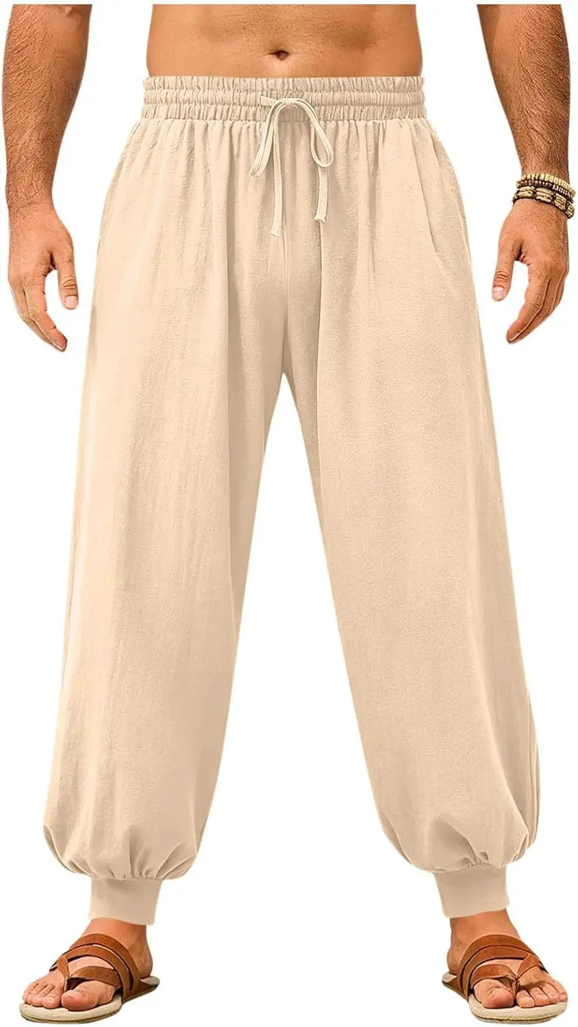Mittelalterliche Knöchelhose für Herren, Renaissance Wikinger Piraten Schnürhose, Halloween Leinen Kostümhose, Cargo-Hose – Detail 3