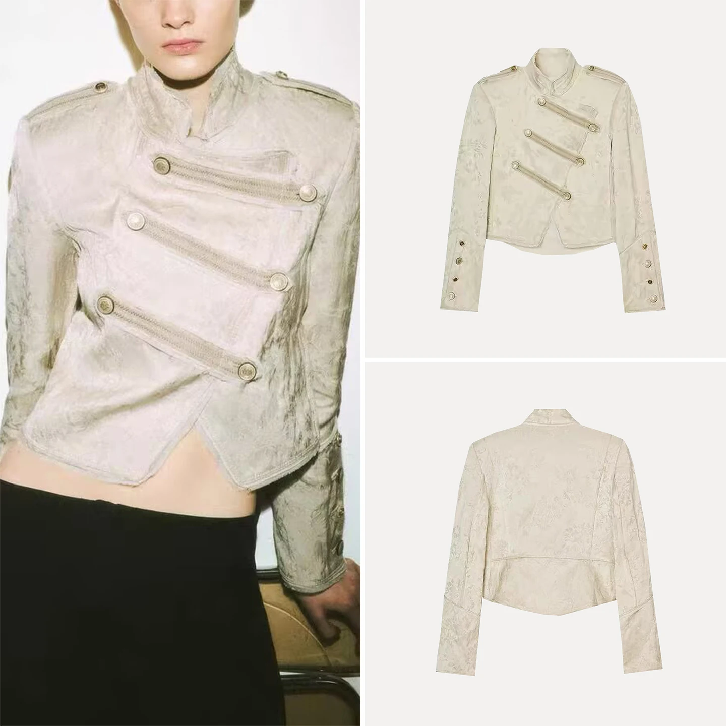 

Women's Metal Button High Collar Long Sleeve Embroidered Short Jacket Spring 2026 Fashion Casual Loose Fit Other Material
