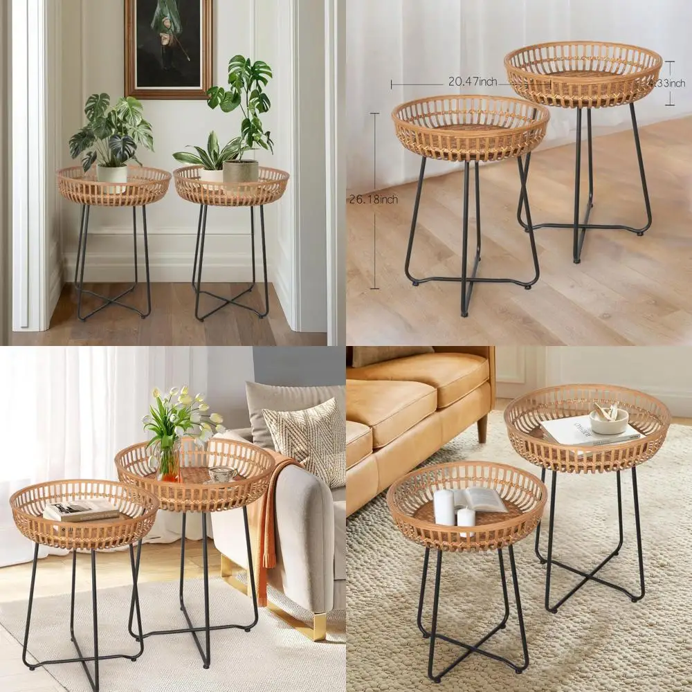 

Bamboo Nesting Coffee Tables with Metal Legs, Bohemian Style Set of 2 for Living Room, Sofa Area, and Terrace
