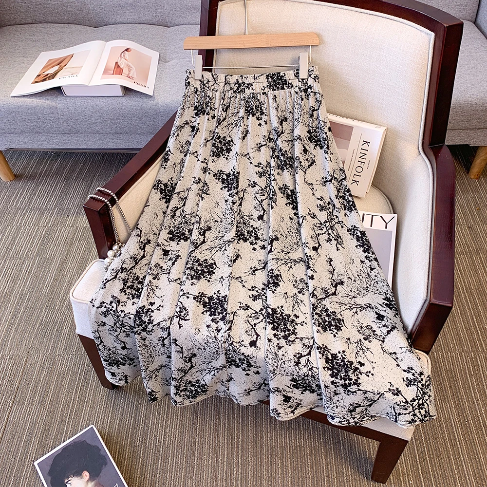 Plus-size ladies summer casual commute loose comfortable shirt skirt Chiffon ink print A-line new Chinese style long dress large