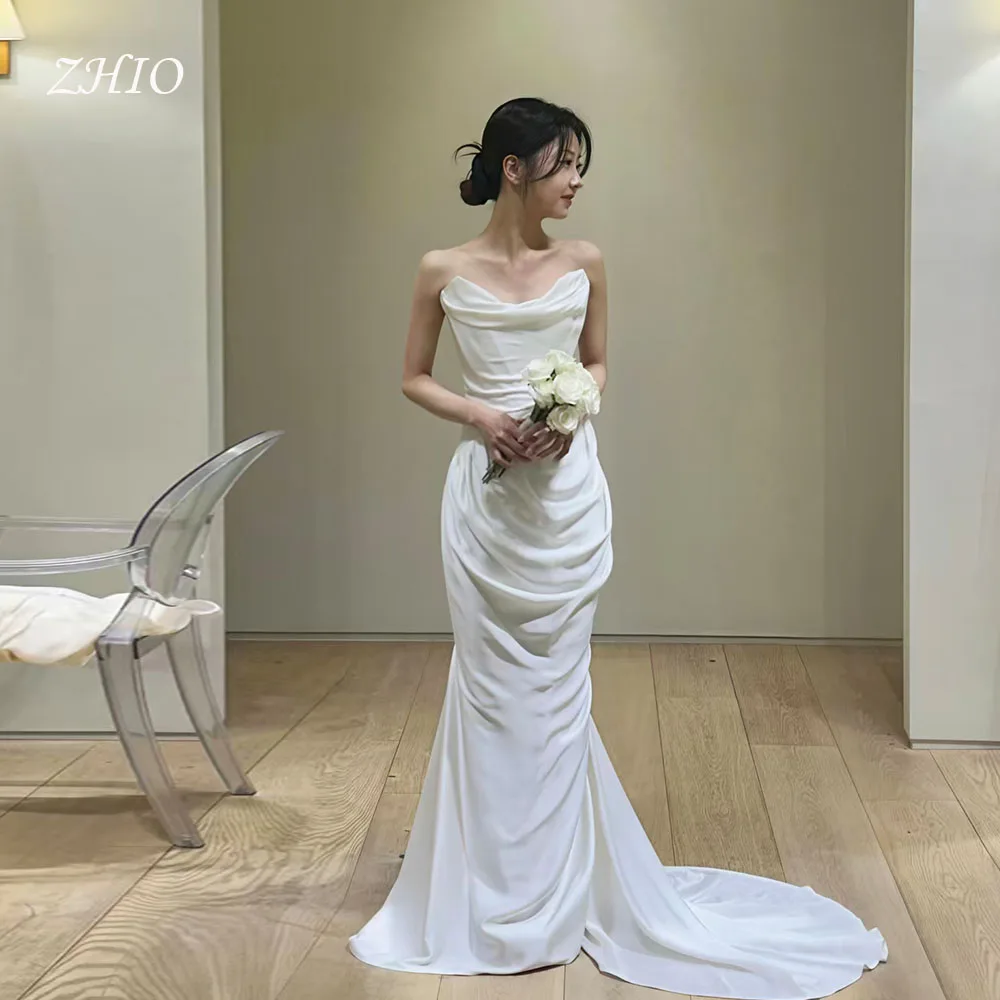 

ZHIO Charming Draped Wedding Party Dress Strapless Ivory Satin Sweep Train Korea PhotoShoot Bridal Reception Dresses Customized