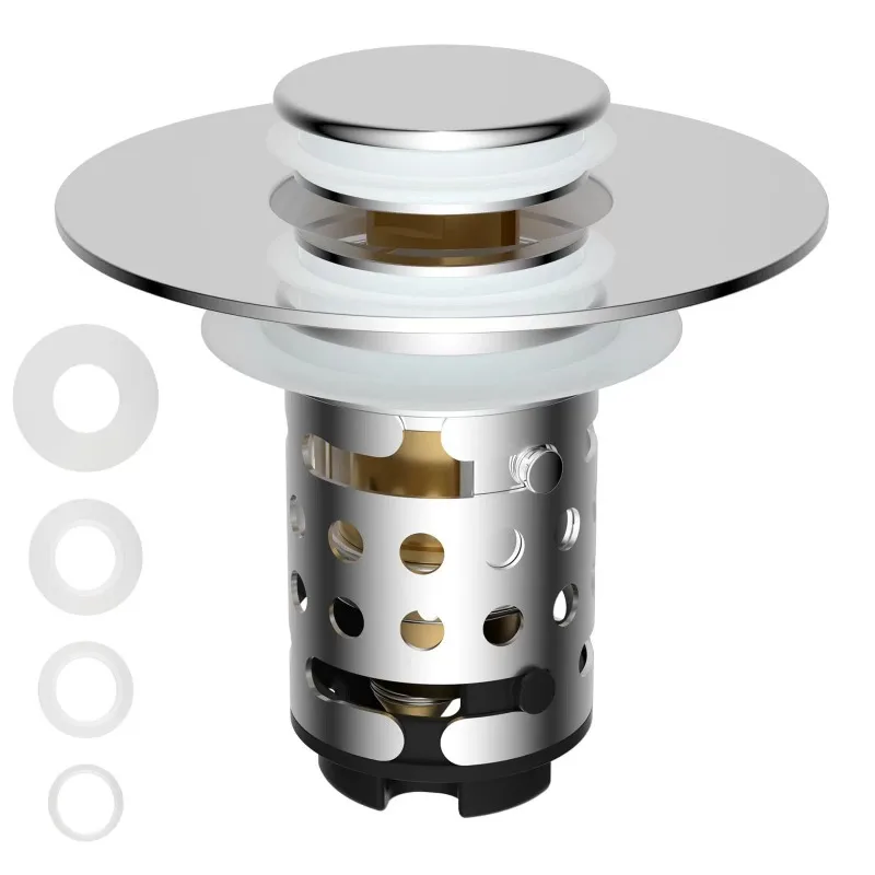 

3 Integrated bathroom sink drain filter, universal spring-loaded stopper, detachable stainless steel filter basket for hair coll