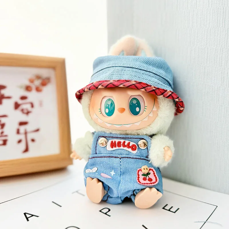 Portachiavi di prima e seconda generazione Accessori di abbigliamento Labubu Vestiti per bambole Labubu Tuta in denim ciliegia