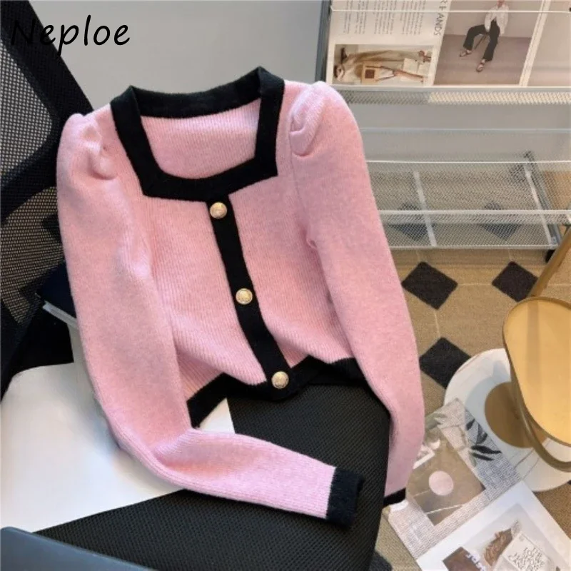 Neploe Elegant Fashion Square Collar Cardigans Autumn New Slim Fit Knitted Tops Y2k Sweet Cool Puff Sleeve Sweaters Women