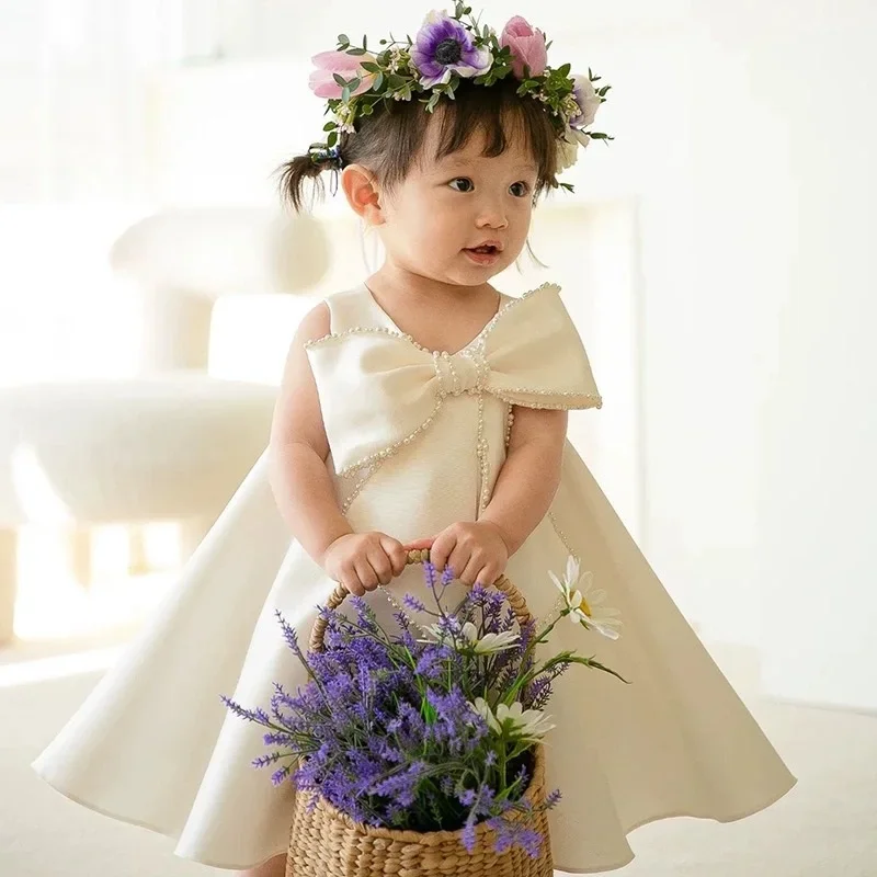 Robe de princesse vintage avec nœud perlé pour bébé fille de 1 à 12 ans, tenue pour fête, spectacle, anniversaire, baptême