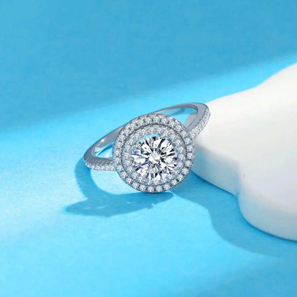 JH 925 فضة معبد بالكامل خاتم للنساء D VVS1 مويسانيتي جولة مرصع السماء المرصعة بالنجوم خاتم الزواج الزركون #4